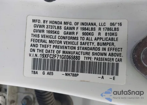 2016 Honda Civic Ex из США, поврежденный, VIN 19XFC2F71GE065880